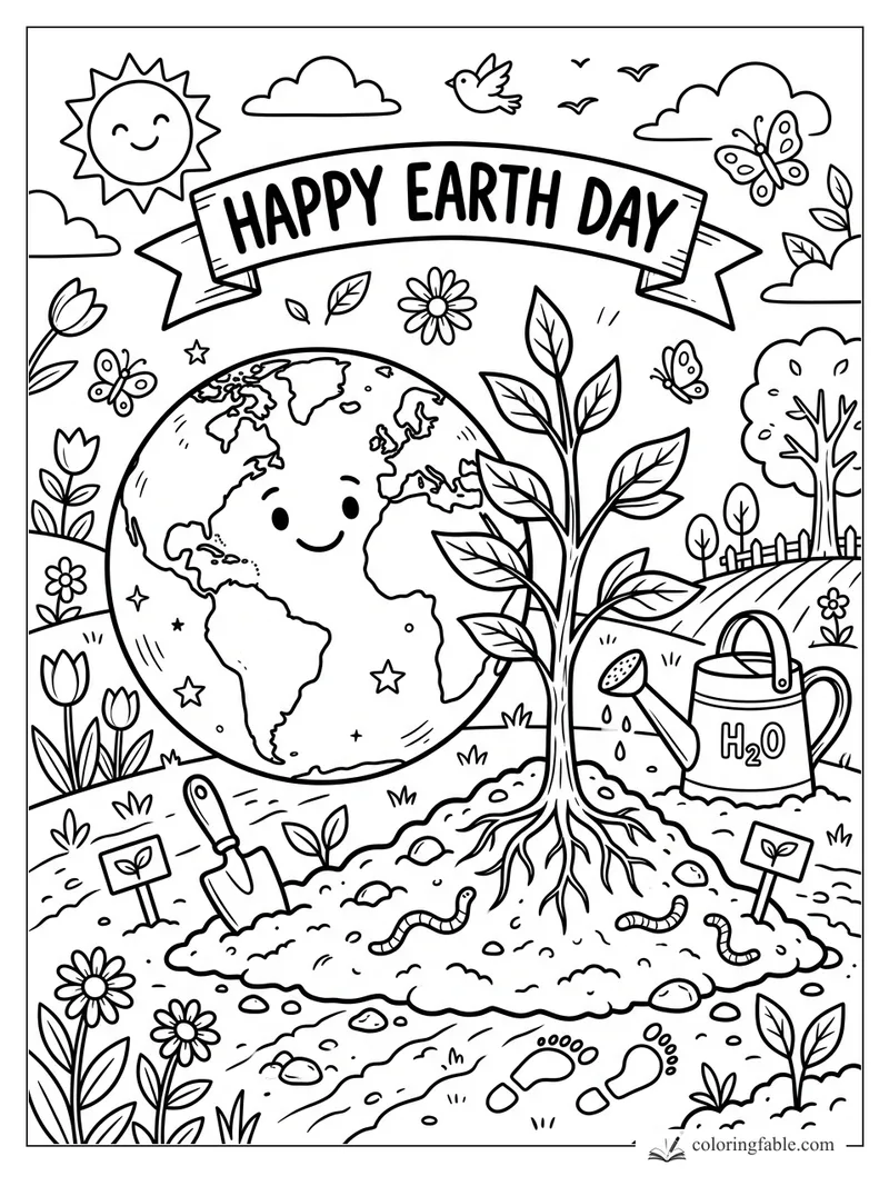 Happy Earth Day coloring page with smiling Earth, young tree, watering can, flowers, birds, butterflies, and garden tools.