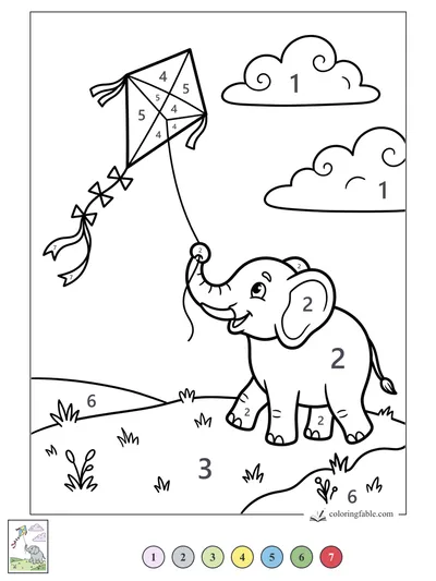 Happy Elephant Flying a Bow-Tailed Kite — color by number