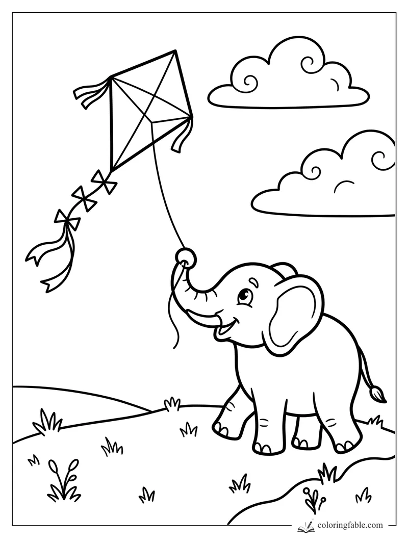 Smiling baby elephant flying a diamond kite with bow tails under curly clouds