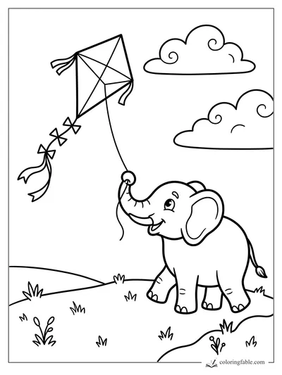Smiling baby elephant flying a diamond kite with bow tails under curly clouds