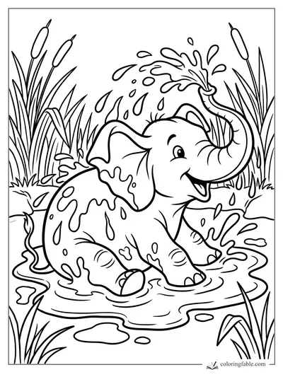 Cartoon elephant spraying water in a muddy pond with cattails and tall reeds