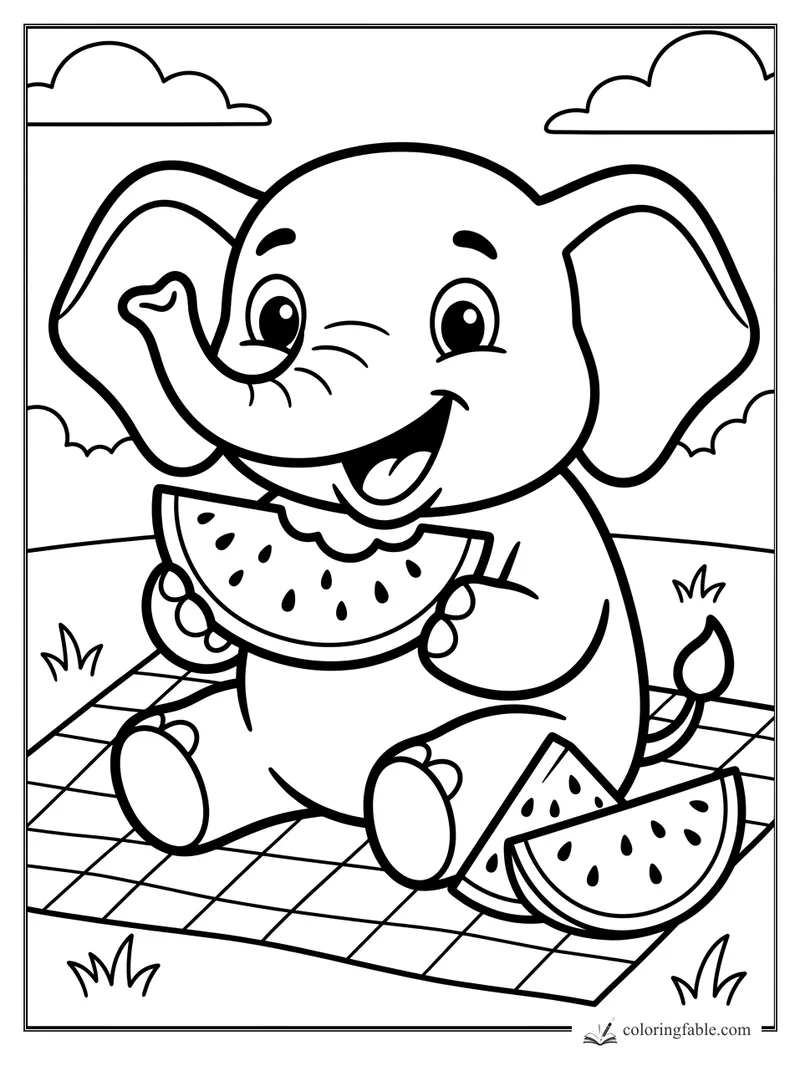 Smiling baby elephant holding a watermelon slice on a checkered picnic blanket with clouds and grass.