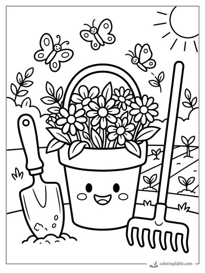 Smiling flower pot with daisies, butterflies, sun, shovel, rake, and garden sprouts coloring page