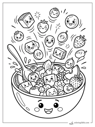 Cartoon fruit salad bowl with smiling berries, orange slices, cubes, spoon, and fruit bouncing in the air