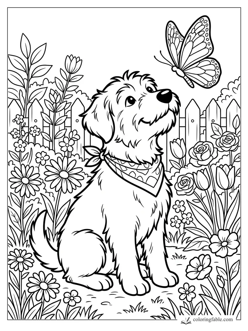 Cartoon dog in a flower garden looking up at a patterned butterfly above a picket fence.