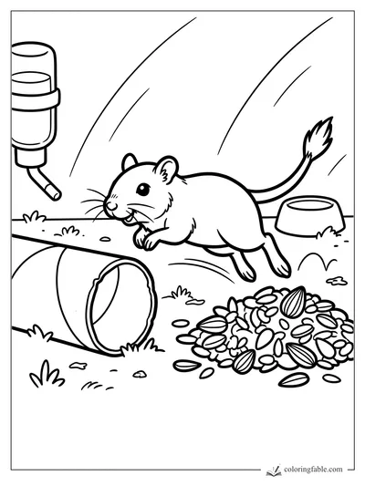 Easy coloring page of a smiling pet gerbil jumping near seeds, tunnel, water bottle, and bowl.