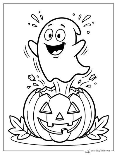 Cartoon ghost popping from a cracked smiling jack-o’-lantern with leaves and confetti