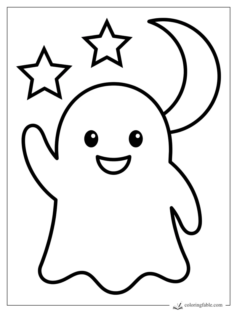 Smiling ghost waving under a crescent moon and two stars, bold easy coloring page