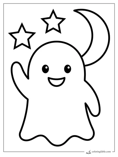 Smiling ghost waving under a crescent moon and two stars, bold easy coloring page