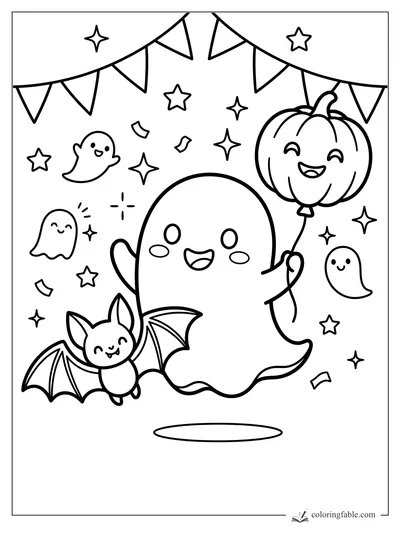 Kawaii ghost holding a smiling pumpkin balloon with bat, tiny ghosts, stars, flags, and confetti.