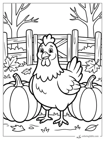 Smiling hen between pumpkins, fall leaves, a wooden gate, and bare trees coloring page