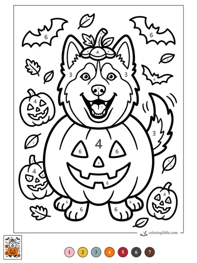 Happy Husky in a Pumpkin Costume — color by number