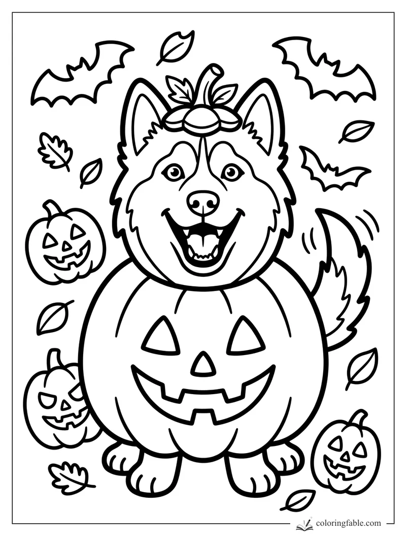 Smiling husky wearing a jack-o’-lantern pumpkin costume with bats, leaves, and little pumpkins