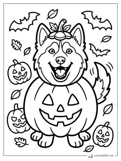 Smiling husky wearing a jack-o’-lantern pumpkin costume with bats, leaves, and little pumpkins
