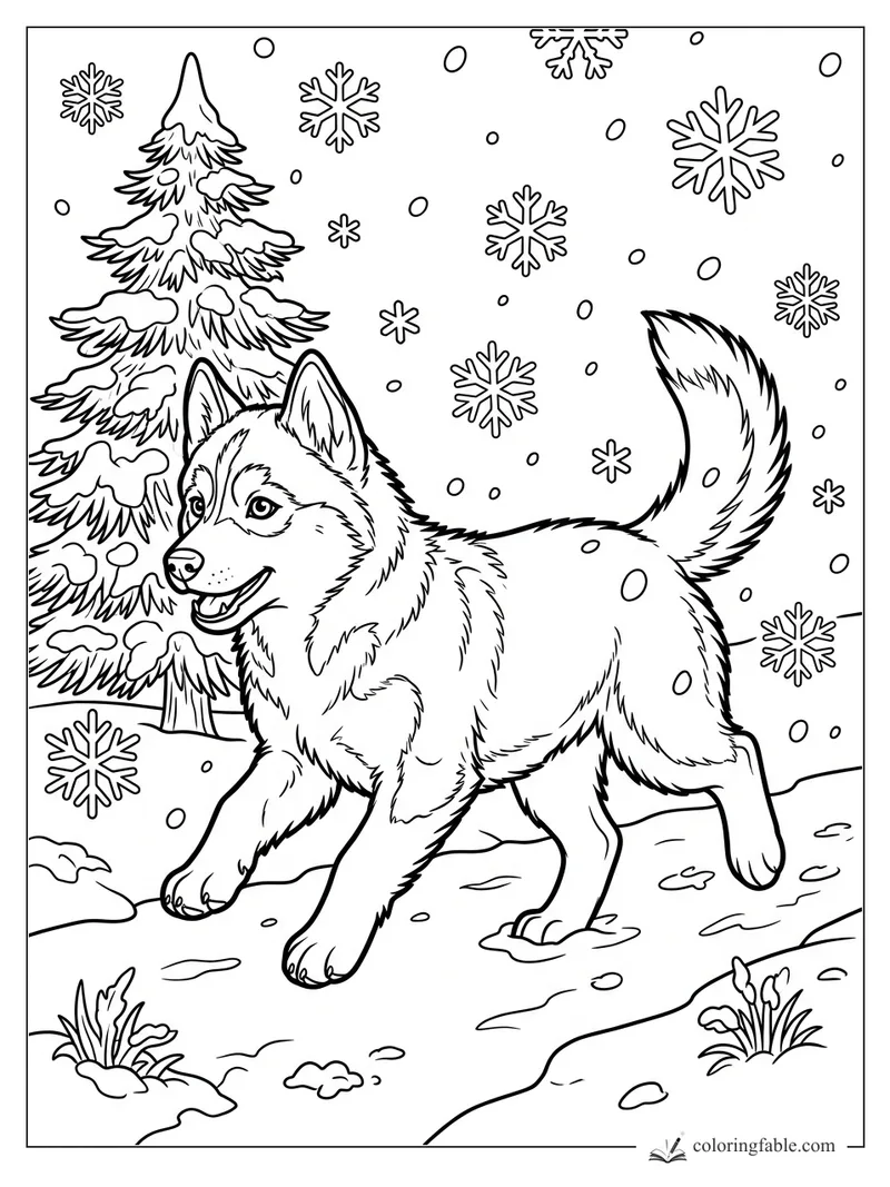 Husky puppy trotting through snow beside a snowy evergreen with large falling snowflakes