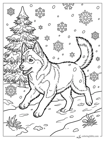 Husky puppy trotting through snow beside a snowy evergreen with large falling snowflakes