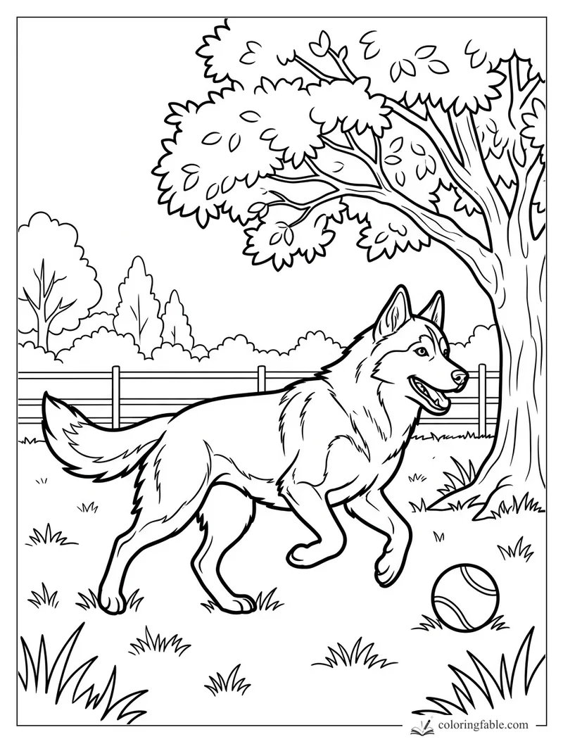Husky trotting in a fenced park toward a ball under a leafy tree