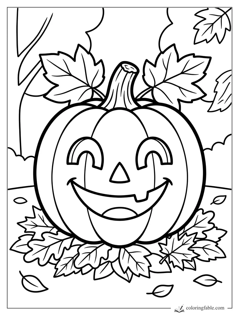 Smiling jack-o’-lantern pumpkin with arched eyes, stem, and autumn leaves