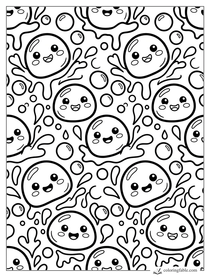Kawaii jelly drops with smiling faces, splash shapes, and bubbles in a bold easy pattern