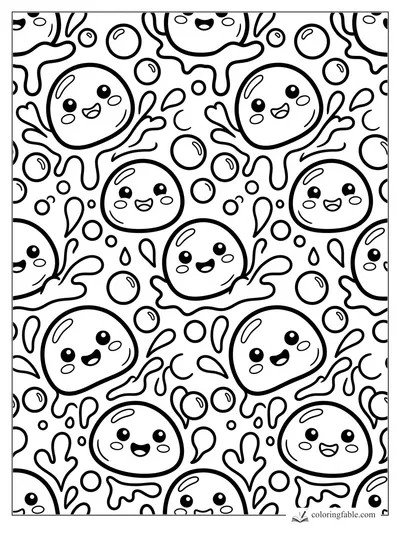 Kawaii jelly drops with smiling faces, splash shapes, and bubbles in a bold easy pattern