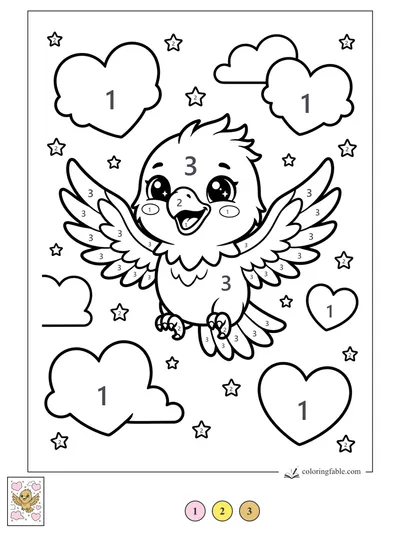 Happy Kawaii Eagle Among Heart Clouds — color by number