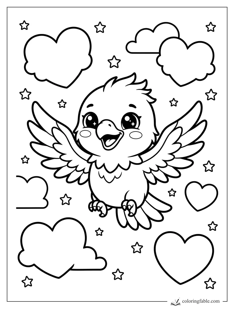 Kawaii eagle flying with raised wings among heart-shaped clouds and small stars coloring page