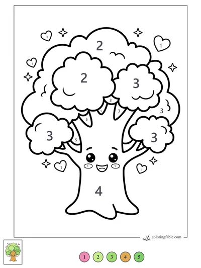 Happy Kawaii Tree with Hearts and Sparkles — color by number