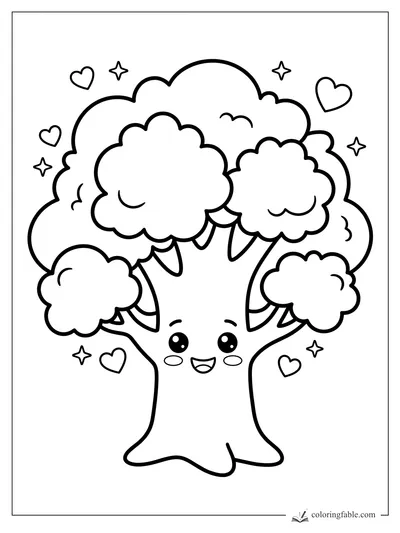 Kawaii smiling tree with fluffy leafy branches, hearts, stars, and rosy cheeks coloring page