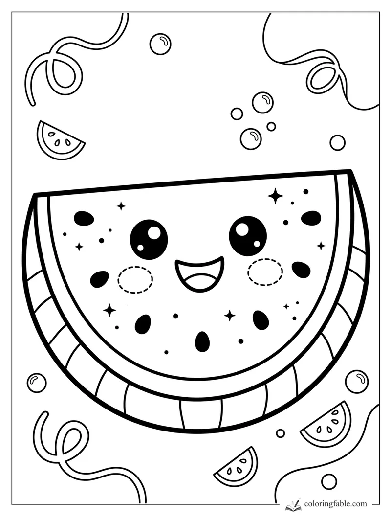 Kawaii watermelon slice with smiling face, seeds, sparkles, bubbles, ribbons, and tiny watermelon wedges.