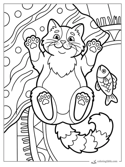 Smiling kitten with raised paws on a patterned blanket beside a toy fish