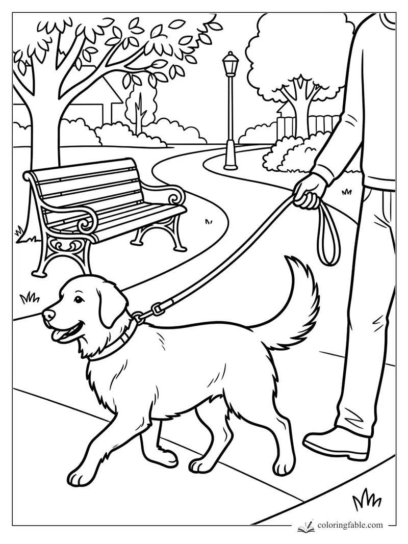 Happy dog on a leash walking past a park bench, trees, and a lamppost