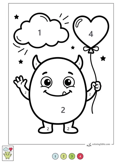 Happy Little Monster with Heart Balloon — color by number