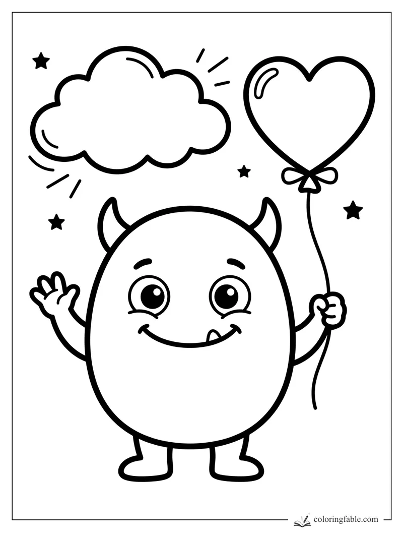 Cute horned monster waving and holding a heart balloon under a cloud and stars