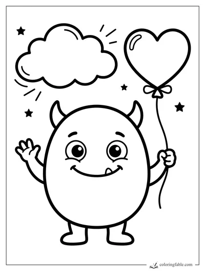 Cute horned monster waving and holding a heart balloon under a cloud and stars