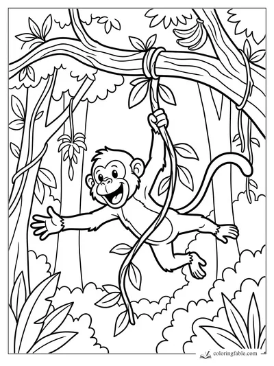 Smiling monkey swings from a leafy jungle vine beneath bananas and tall trees.