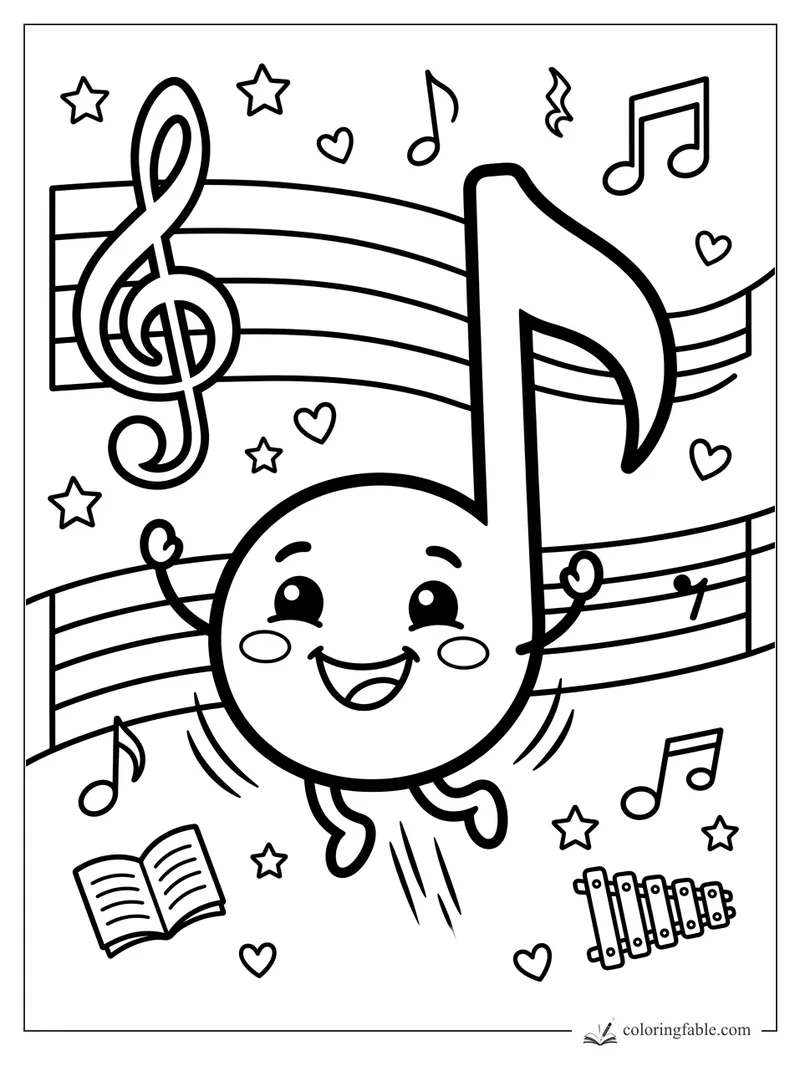 Smiling music note with treble clef, stars, hearts, songbook, and xylophone on music staff lines.