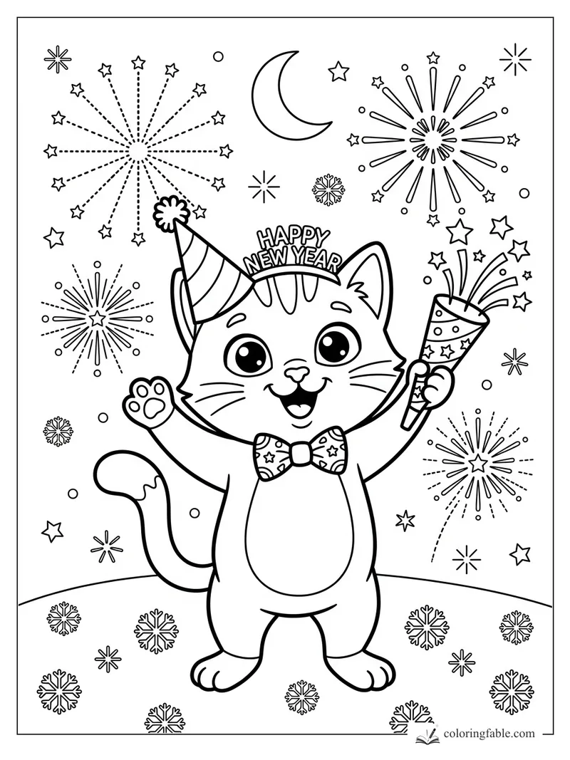 Cartoon cat in party hat holding a confetti popper under fireworks and a crescent moon