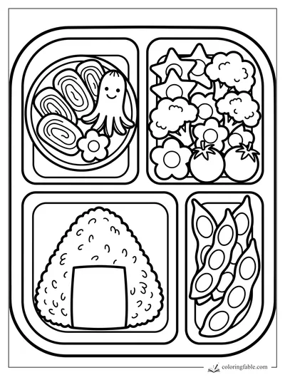 Bento coloring page with smiling octopus sausage, onigiri, vegetables, stars, and pea pods.