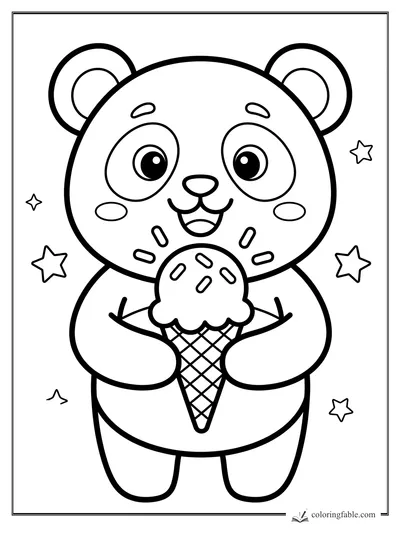 Cute panda holding a sprinkled ice cream cone with small stars around it