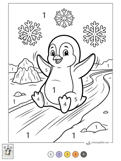 Happy Penguin Sliding Under Snowflakes — color by number