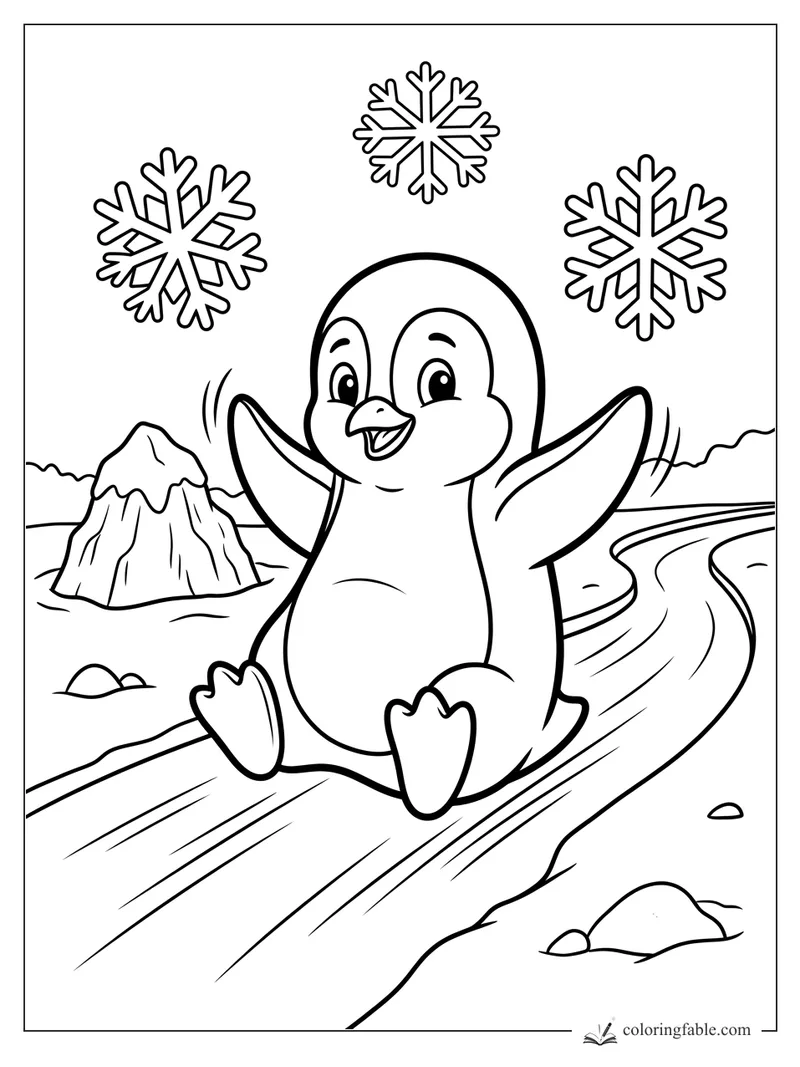 Cartoon penguin sliding on an icy path with wings up, three snowflakes, snowy rocks, and a frosty hill