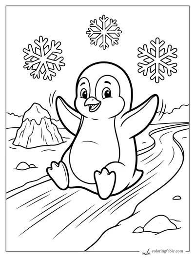 Cartoon penguin sliding on an icy path with wings up, three snowflakes, snowy rocks, and a frosty hill