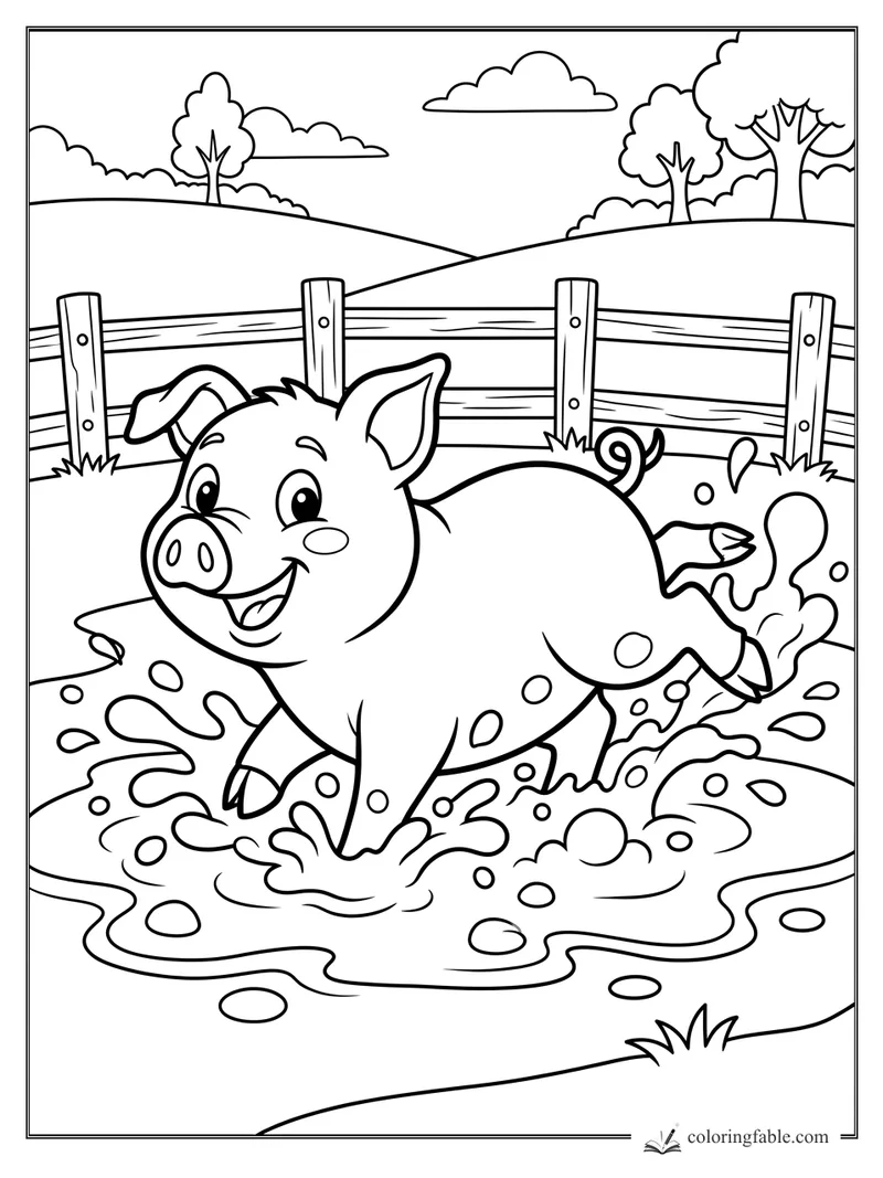 Cartoon pig smiling and splashing through a muddy puddle by a wooden farm fence and rolling hills.