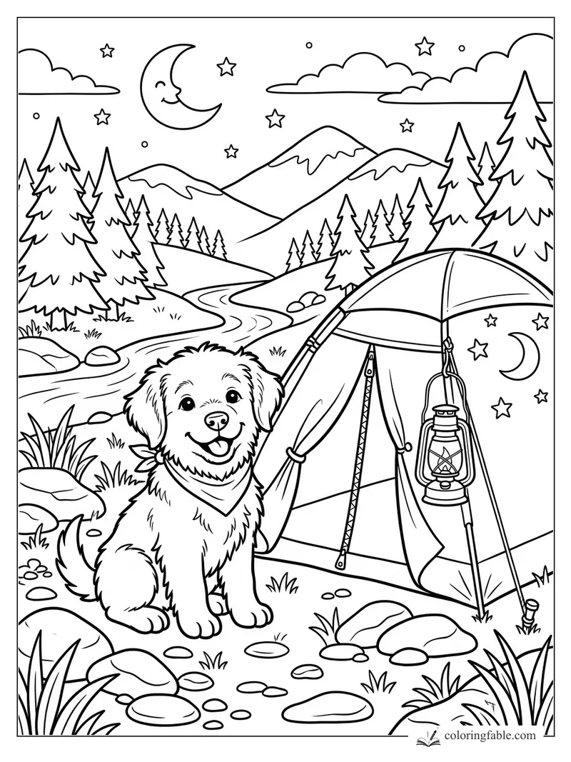 Smiling puppy beside a tent, lantern, river, pine trees, mountains, crescent moon, and stars coloring page