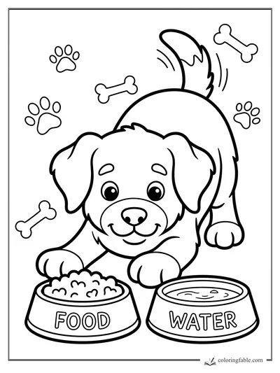 Smiling puppy crouches by labeled food and water bowls with bones, paw prints, and wagging tail lines.