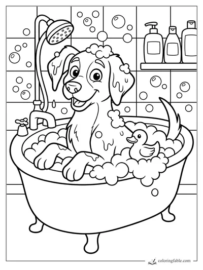 Cartoon puppy in a clawfoot tub with bubbles, shower head, bath bottles, and a rubber duck