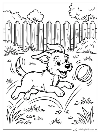 Cartoon puppy leaping after a striped ball in a fenced yard with grass, bushes, and trees.