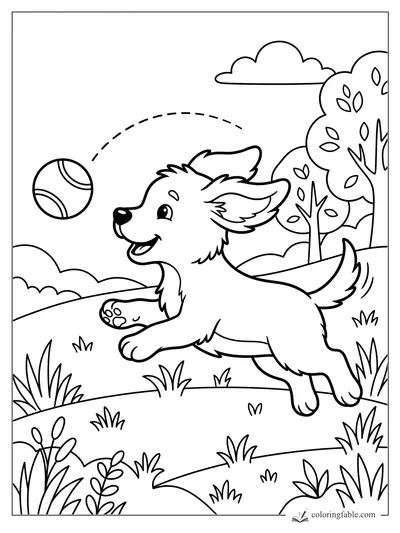 Cartoon puppy running after a ball in a grassy park with trees, clouds, and a dotted bounce arc