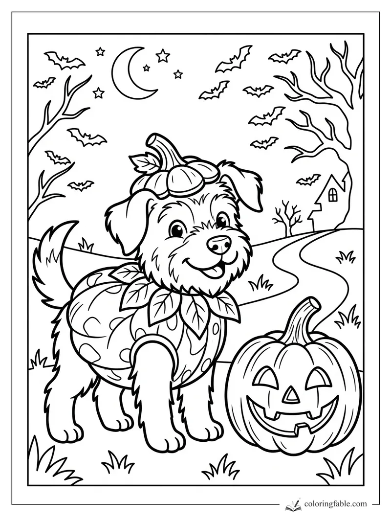 Cartoon puppy in a pumpkin costume beside a jack-o'-lantern, bats, crescent moon, bare trees, and spooky house.
