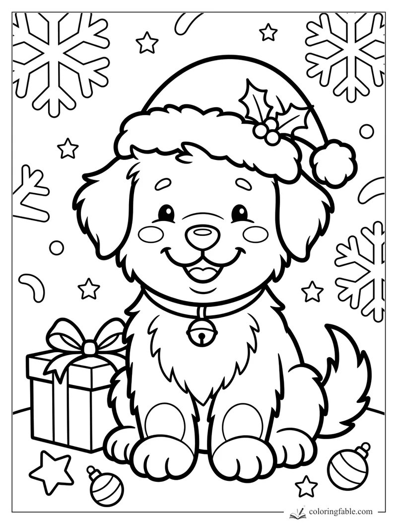Kawaii puppy in a Santa hat with a gift box, ornaments, stars, and large snowflakes